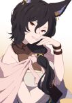  1girl animal_ears bangs black_hair breasts cleavage gradient gradient_background granblue_fantasy head_tilt holding holding_wallet ilsa_(granblue_fantasy) lips long_hair looking_at_viewer low_ponytail medium_breasts mifuta red_eyes shirt sleeveless sleeveless_shirt smile solo turtleneck upper_body wallet wristband 