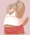  2022 anthro belly black_nose blush brown_body clothing felid humanoid_hands kemono male mammal navel overweight overweight_male shirt simple_background solo stretching topwear toshi_(artist) underwear 