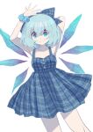  1girl absurdres alternate_costume arm_behind_head armpits arms_up blue_bow blue_dress blue_eyes blue_hair bow cirno closed_mouth dress hair_bow highres ice ice_wings looking_at_viewer one-hour_drawing_challenge plaid plaid_bow plaid_dress shocho_(shaojiujiu) short_hair simple_background sleeveless sleeveless_dress smile solo standing sundress touhou white_background wings 