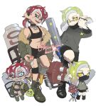  1boy 1girl artist_name black_collar black_shorts blue_eyes boots breasts chibi chibi_inset cleavage collar cross-laced_footwear e-liter_4k_(splatoon) eyebrow_cut eyelashes flat_chest fur-trimmed_jacket fur_trim green_footwear green_hair green_jacket gun hair_over_one_eye highres holding holding_gun holding_weapon hydra_splatling_(splatoon) inkling_boy inkling_player_character jacket kiwi_splatoon knee_strap mask medium_hair mouth_mask multiple_views navel octoling_girl octoling_player_character octopus one_eye_closed open_clothes open_jacket open_mouth parted_lips red_hair short_shorts shorts simple_background smile splatoon_(series) splatoon_3 squid standing standing_on_one_leg teeth tentacle_hair unworn_mask weapon white_background yellow_eyes 