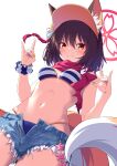  1girl absurdres animal_ear_fluff animal_ears bikini black_hair blue_archive blue_shorts blush breasts closed_mouth cowboy_shot denim denim_shorts double_fox_shadow_puppet fox_ears fox_shadow_puppet fox_tail halo highres izuna_(blue_archive) izuna_(swimsuit)_(blue_archive) looking_at_viewer navel official_alternate_costume open_fly pink_eyes pink_halo red_scarf scarf short_hair short_shorts shorts simple_background small_breasts smile solo striped_bikini striped_clothes swimsuit tail ugume white_background yellow_eyes 