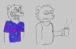 aloha_shirt annoyed_expression anthro bear beverage chadzadd clothed clothing coffee excited expressions fluffy fluffy_hair gruff grumpy hair happy male mammal pattern_clothing pattern_shirt pattern_topwear rough_sketch shirt tank_top teeth tired topwear