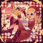  1girl apron blonde_hair blue_eyes border chocolate commentary_request dress frilled_socks frills full_body heart highres holding holding_spatula inkling_girl inkling_player_character long_hair minamo_(trr) outside_border pikachu plaid plaid_background plaid_dress pokemon pokemon_(creature) red_background red_border red_footwear socks spatula splatoon_(series) tentacle_hair thick_eyebrows white_socks 