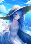 1girl absurdres bare_shoulders beach blue_eyes blue_hair blue_sky building cloud cloudy_sky collarbone cup dress earrings food glass hat highres holding holding_cup holding_food hololive hoshimachi_suisei jewelry long_hair looking_at_viewer mitt280204 mountain outdoors sand shaved_ice sky smile solo strap_slip straw_hat sun_hat sun_hat_ornament sundress virtual_youtuber water waves white_dress 