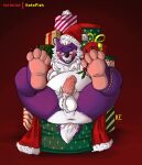 absurd_res anthro anus balls bear belly blush butt christmas christmas_clothing christmas_headwear clothing daddy_kink genitals gift hair hat headgear headwear hi_res holidays katxfish legs_up male mammal mistletoe paws penis plant santa_hat slightly_chubby solo