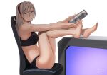  1girl among_us barefoot blonde_hair can chair crewmate_(among_us) feet full_body girls&#039;_frontline hair_between_eyes hair_ornament hairband hairpin highres holding holding_can kion-kun legs_on_table long_hair mole mole_under_mouth monster_energy multiple_hairpins office_chair product_placement red_hairband shaw_(girls&#039;_frontline) sitting toes underwear underwear_only white_background 