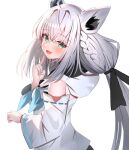  1girl aa44 ahoge animal_ears aqua_eyes detached_sleeves fang fox_ears fox_girl fox_shadow_puppet grey_hair highres hololive hood hood_down hoodie long_hair looking_at_viewer ponytail shirakami_fubuki shirakami_fubuki_(1st_costume) skin_fang smile solo virtual_youtuber white_background white_hoodie white_sleeves 