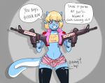  anthro blonde_hair dragon first_person_view girly gun hair hi_res horny_imp latex linq male male/male ranged_weapon solo speech_bubble stokings weapon 