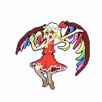  1girl ascot barefoot collared_shirt flandre_scarlet full_body hat honyaa_(honya--1123) large_wings long_hair looking_at_viewer lowres mob_cap multicolored_wings one_side_up open_mouth pixel_art puffy_short_sleeves puffy_sleeves red_eyes red_skirt red_vest shirt short_sleeves simple_background skirt skirt_set touhou vest white_background white_headwear white_shirt wings yellow_ascot 
