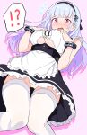  !? 1girl apron azur_lane black_skirt blush bracer breasts cleavage cleavage_cutout clothing_cutout dido_(azur_lane) embarrassed from_below hands_on_own_breasts highres long_hair maid maid_headdress o_be3 open_mouth panties panty_peek pantyshot pink_background pink_eyes shirt simple_background skirt solo thigh_gap thighhighs thighs underboob underwear upskirt waist_apron white_apron white_hair white_panties white_shirt white_thighhighs 