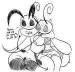  antennae_(anatomy) anthro armwear arthropod arthropod_abdomen asymmetrical_breast_frottage bee big_breasts biped blush breast_squish breasts breasts_frottage clothed clothing collar dialogue diana_(woebeeme) elbow_gloves female gloves group handwear hymenopteran insect insect_wings leash legwear midriff monochrome mostly_nude navel neck_tuft pasties pussy_tape shaking simple_background skimpy squish stinger stripes text thigh_highs trembling trio tuft white_background wings woebeeme 