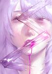  1girl absurdres blood blood_from_mouth close-up half-closed_eyes hatena_(nazequestion) highres long_hair looking_up original parted_lips portrait purple_blood purple_eyes purple_hair purple_theme solo tape 