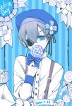  1boy 2020 bishounen black_border black_ribbon blue_bow blue_eyes blue_hair blue_headwear border bow box candy checkerboard_cookie ciel_phantomhive cookie dated earrings english_text eyepatch food gift gift_box hair_between_eyes hat hat_bow highres holding holding_candy holding_food holding_lollipop jewelry kuroshitsuji letter lollipop looking_at_viewer male_focus ribbon shirt solo striped_background striped_bow suspenders white_shirt yu_ki_koo 