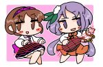  2girls barefoot biwa_lute blush_stickers border brown_dress brown_eyes brown_hair dress hairband holding holding_instrument ini_(inunabe00) instrument long_hair long_sleeves lute_(instrument) multiple_girls open_mouth purple_hair purple_hairband shirt short_hair smile touhou tsukumo_benben tsukumo_yatsuhashi white_border white_shirt 