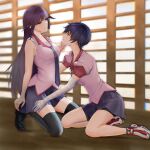  2girls armpit_crease bakemonogatari bangs bike_shorts black_footwear black_thighhighs blue_hair blue_skirt blunt_bangs blurry blurry_background blush breasts closed_mouth collarbone english_commentary eyelashes full_body grimlow hand_on_another&#039;s_chin hand_on_another&#039;s_thigh highres indoors kanbaru_suruga kneeling legs loafers long_hair looking_at_another medium_breasts miniskirt monogatari_(series) multiple_girls naoetsu_high_school_uniform on_floor pleated_skirt puffy_short_sleeves puffy_sleeves purple_hair school_uniform senjougahara_hitagi shiny shiny_hair shoes short_hair short_sleeves signature sitting skirt sleeves_rolled_up sneakers thighhighs thighs wooden_floor yuri 