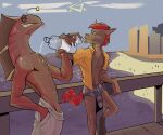 anthro athletic athletic_anthro athletic_male beach blep boardwalk bottle bottomwear building bulge clothed clothing cloud container digitigrade dorsal_fin dracks drinking_water duo eel feet fin fish fur genitals gills glistening glistening_body hair humanoid leaning_on_railing lexie_(dracks) long_penis male mammal marine mohawk multicolored_body multicolored_fur multicolored_scales navel nipples no_pupils open_clothing open_shirt open_topwear pants pecs penis porcupine pouring_water pubes red_hair rodent scales sea seaside shirt simple_background simple_eyes smile sun tail teeth toes tongue tongue_out topless topless_anthro topless_male topwear two_tone_body two_tone_scales v-line wardrobe_malfunction water water_bottle water_droplets zek_(dracks)