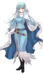  1girl absurdres aqua_hair belt black_footwear blue_cape boots cape circlet coat cosplay eliwood_(fire_emblem) eliwood_(fire_emblem)_(cosplay) english_commentary fire_emblem fire_emblem:_the_blazing_blade fire_emblem_heroes full_body fur-trimmed_cape fur_trim gloves highres holding holding_cape holding_clothes long_hair long_sleeves looking_at_viewer ninian_(fire_emblem) orange_eyes ritence simple_background smile solo standing white_background white_gloves 