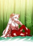  1girl baggy_pants bamboo bamboo_forest bright_pupils collared_shirt forest fujiwara_no_mokou full_body highres long_hair long_sleeves nature ofuda ofuda_on_clothes on_ground outdoors pants red_eyes red_pants shirt sitting sleeve_garter solo suspenders touhou very_long_hair white_hair white_pupils white_shirt yassy 