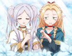  2girls :3 armcho blonde_hair blurry blush_stickers braid capelet closed_eyes cloud crossover depth_of_field dungeon_meshi earrings elf flower frieren green_eyes heart_hands_failure jewelry marcille_donato multiple_girls pointy_ears sky sousou_no_frieren tearing_up thumbs_up twin_braids twintails upper_body 