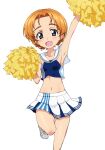  1girl arm_up armpits blue_eyes blue_shirt blue_skirt braid cheerleader commentary_request commission girls_und_panzer holding holding_pom_poms kayabakoro lawson leg_up looking_at_viewer midriff miniskirt navel official_alternate_costume open_mouth orange_hair orange_pekoe_(girls_und_panzer) partial_commentary pixiv_commission pleated_skirt pom_pom_(cheerleading) sailor_collar shirt shoes short_hair simple_background skirt sleeveless sleeveless_shirt smile sneakers solo standing standing_on_one_leg twin_braids two-tone_skirt white_background white_footwear white_sailor_collar white_skirt 