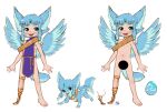  ambiguous_gender amputee animal_ears aogami bandage blue_hair censored censored_genitalia disability dog_tail egg feral hair horn humanoid missing_leg model_sheet navel nipples nude quadruped solo wings wounded young 