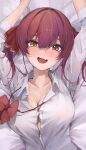  1girl alternate_costume arms_up bed blush bow bowtie breasts cleavage highres hololive houshou_marine large_breasts long_hair nervous open_clothes open_mouth open_shirt red_eyes red_hair samu_(sam_deg369) shirt solo virtual_youtuber white_shirt yellow_eyes 