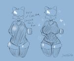 anthro artist_name baggy_clothing baggy_shirt baggy_topwear big_breasts blue_background blue_theme bottomwear breasts choker clothed clothing curvy_figure digital_media_(artwork) domestic_cat english_text felid feline felis front_view fully_clothed fur hair hair_over_eyes hi_res holding_mug holding_object hourglass_figure huge_breasts humanoid_hands jewelry justbirb legwear mammal mug navel_outline necklace open_mouth paprika_(justbirb) shirt shorts simple_background sketch snaggle_tooth solo standing talking_to_another text thick_thighs thigh_highs tight_clothing tight_shirt tight_topwear topwear