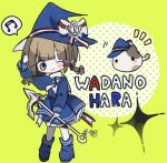  1girl anchor animal back_bow blue_bow blue_footwear blue_headwear blue_sailor_collar blue_serafuku blue_skirt blunt_bangs blush_stickers boots bow braid brown_hair cat character_name chibi commentary funamusea grey_eyes hand_on_own_head hat hat_bow holding holding_anchor multicolored_bow musical_note neckerchief oounabara_to_wadanohara pointy_ears polka_dot red_bow sailor sailor_collar school_uniform serafuku short_braid short_hair sidelocks simple_background skirt smile sparkle speech_bubble spoken_musical_note symbol-only_commentary twin_braids wadanohara white_bow white_neckerchief witch_hat yellow_background younai_oxo 