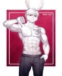  1boy animal_ears belt black_belt chest_tattoo commission english_commentary furry furry_male hand_in_pocket highres kerogi_haku male_focus muscular muscular_male original rabbit_boy rabbit_ears simple_background tattoo thumbs_down topless_male white_fur white_hair 
