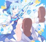  1girl ass blue_bow blue_dress blue_eyes blue_hair blush bow brown_footwear cirno cirno_day collared_shirt do_(4-rt) dress fairy hair_between_eyes hair_bow highres ice ice_wings one_eye_closed open_mouth puffy_short_sleeves puffy_sleeves shirt shoes short_hair short_sleeves smile socks solo touhou white_shirt white_socks wings 