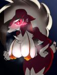  angry anthro big_breasts biped blush breasts chest_tuft clenched_teeth erect_nipples female fist front_view generation_7_pokemon hanging_breasts hi_res lycanroc midnight_lycanroc nintendo nipples pepper_gomashio pokemon pokemon_(species) red_body red_eyes simple_background solo steam teeth tuft video_games white_body 