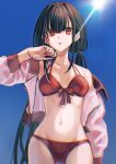  1girl alternate_costume bangs bikini black_hair blue_sky breasts chromatic_aberration collarbone commentary danganronpa_(series) danganronpa_s:_ultimate_summer_camp danganronpa_v3:_killing_harmony day ear_piercing hair_between_eyes hair_intakes hair_ornament hair_scrunchie hairclip harukawa_maki highres jacket long_hair looking_at_viewer low_twintails medium_breasts mole mole_under_eye navel off_shoulder official_alternate_costume open_clothes open_jacket outdoors piercing pink_jacket red_bikini red_eyes red_scrunchie scrunchie sky solo stomach sunlight swimsuit symbol-only_commentary twintails very_long_hair visket53 wet 