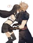  1boy 1girl armor baggy_pants black_gloves black_hair black_skirt black_thighhighs blonde_hair closed_eyes closed_mouth cloud_strife couple crop_top elbow_gloves feet_out_of_frame final_fantasy final_fantasy_vii final_fantasy_vii_rebirth final_fantasy_vii_remake fingerless_gloves forehead-to-forehead from_side gloves hands_on_another&#039;s_face heads_together heart highres light_blush long_hair pants ribbed_sweater sera_(serappi) short_hair shoulder_armor simple_background skirt sleeveless sleeveless_turtleneck smile spiked_hair spoken_heart suspender_skirt suspenders sweater tank_top thighhighs tifa_lockhart turtleneck turtleneck_sweater white_tank_top zettai_ryouiki 