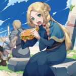  1girl 2boys absurdres armor blonde_hair blue_capelet blue_robe blue_sky braid capelet chilchuck_tims choker cloud day dungeon_meshi elf food green_eyes highres holding holding_food hood hooded_capelet laios_thorden long_hair marcille_donato moss mukunokino_isshiki multiple_boys multiple_braids open_mouth outdoors plate_armor pointy_ears red_choker robe rock sandwich sitting sky 