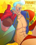  1boy abs blue_hair blue_shirt bottle chaa_(aoichar522_) character_name collared_shirt commentary_request cyborg dated franky_(one_piece) happy_birthday highres holding holding_bottle looking_to_the_side male_focus one_eye_closed one_piece open_clothes open_shirt panties pompadour red_panties shirt sideburns signature star_(symbol) underwear 