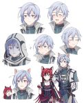  1boy 1girl :d absurdres animal_ears arm_behind_back belt blue_hair celis_ortesia clenched_hand closed_eyes closed_mouth collar commentary_request earrings eiyuu_densetsu fox_ears frown gloves hair_between_eyes highres hooded_robe jewelry korean_text kuro_no_kiseki long_hair mikou_(pixiv_1533702) multiple_views necklace notice_lines open_mouth parted_lips purple_eyes red_hair rion_balthazar robe short_hair simple_background smile sparkle star_(symbol) star_earrings thinking white_background white_gloves 