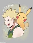  1boy artist_name blonde_hair blue_eyes character_name closed_eyes colored_skin commentary english_commentary green_shirt grey_background highres lightning_bolt_symbol male_focus open_mouth pikachu pokemon pokemon_(creature) pokemon_hgss shirt short_hair sleeveless sleeveless_shirt smile surge_(pokemon) tail touyarokii twitter_username yellow_skin 