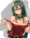  1girl black_hair bow bowtie breasts cleavage dress green_bow green_bowtie green_eyes grey_hair hair_between_eyes hair_ornament hairclip highres kantai_collection long_hair looking_at_viewer medium_breasts off_shoulder official_alternate_costume oyashio_(kancolle) red_dress simple_background solo sunday_aki upper_body very_long_hair 