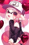  1girl artist_name balloon bandaid bandaid_on_ear bandaid_on_leg baseball_cap black_jacket buttons commentary_request fangs hat heart heart_balloon highres holding holding_balloon inkling_girl inkling_player_character jacket long_hair open_mouth pink_eyes pink_hair pointy_ears print_headwear sahata_saba sitting smile solo splatoon_(series) tentacle_hair thick_eyebrows twitter_username white_background 