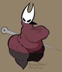 angry anthro arachnid arthropod artist_name belly big_belly big_breasts bottomless breasts cloak clothed clothing female flat_colors fupa hi_res hollow_knight horn hornet_(hollow_knight) insect looking_at_viewer nail_(weapon) overweight red_cloak red_clothing red_topwear signature simple_background skindentation smokey_blokey solo spider team_cherry text thick_thighs tight_clothing tight_topwear topwear url weaver_(hollow_knight) white_face