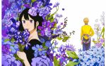  1boy 1girl black_hair black_shirt flower flower_request highres husband_and_wife looking_at_viewer natsuyuki_rendezvous purple_eyes purple_flower senryoko shimao_atsushi shimao_rokka shirt short_hair simple_background snowflakes white_background yellow_shirt 