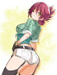  1girl ass belt black_gloves breasts commentary_request cougar_(cougar1404) cropped_shirt eiyuu_densetsu eyelashes from_behind garter_belt gloves green_shirt half_updo multiple_bracelets one_eye_closed pink_hair plaid plaid_shirt sara_valestein sen_no_kiseki shirt short_shorts shorts smile solo teeth two-tone_background white_background white_shorts yellow_background yellow_eyes 