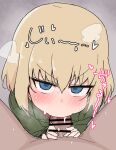  1boy 1girl ame_(amechan17391739) blonde_hair blue_eyes blush cum cum_in_pussy fellatio girls_und_panzer hetero katyusha_(girls_und_panzer) looking_at_viewer military_uniform oral penis pravda_military_uniform short_hair simple_background uniform upper_body 