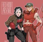  2girls abs archery arrow_(projectile) arsenal_(dc) artist_name baseball_cap batman_(series) batman_symbol black_bodysuit black_gloves black_hair blue_eyes bodysuit boots bow_(weapon) breasts brown_jacket dc_comics domino_mask genderswap genderswap_(mtf) gloves green_eyes hat holding holding_bow_(weapon) holding_weapon jacket jason_todd lingi-15 long_hair long_sleeves looking_at_viewer mask multicolored_hair multiple_girls muscular muscular_female open_clothes open_mouth orange_hair pants quiver red_bodysuit red_hood_(dc) red_mask roy_harper simple_background smile superhero two-tone_bodysuit two-tone_hair weapon white_hair 