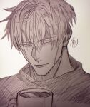  1boy coffee_mug cup highres jujutsu_kaisen looking_at_viewer male_focus monochrome mug nanami_kento nekonii parted_lips portrait short_hair solo 