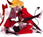  2girls black_skirt blonde_hair blush bow charlie_morningstar circle_facial_mark couple demon_girl demon_horns demon_tail elbow_gloves fingerless_gloves gloves grey_hair hair_bow hazbin_hotel hellbone9000 highres horns leg_lift long_hair multiple_girls red_bow red_suit simple_background skirt suit sweatdrop tail thighhighs tuxedo vaggie very_long_hair yuri 