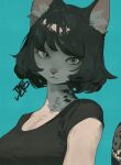  1girl :3 absurdres animal_ear_fluff animal_ears black_hair black_shirt blue_background blue_eyes bob_cut body_fur breasts cat_ears cat_girl cat_tail closed_mouth commentary furry furry_female highres looking_at_viewer original shirt short_sleeves simple_background snout solo symbol-only_commentary t-shirt tail tail_raised tomochiso upper_body 