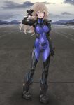  1girl alisa_ilinichina_amiella armored_bodysuit black_bodysuit blonde_hair blue_bodysuit blue_eyes bodysuit breasts breath cloud cloudy_sky commentary_request covered_navel covered_nipples fortified_suit full_body god_eater headgear highres impossible_bodysuit impossible_clothes kurione_(zassou) long_hair looking_at_viewer medium_breasts mountain muv-luv muv-luv_alternative runway shiny_clothes skin_tight sky solo standing wind wind_lift 