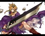  1boy blonde_hair blue_eyes boots braid brown_footwear buster_sword choker cloud_strife commentary_request crossdressing dress fighting_stance final_fantasy final_fantasy_vii full_body holding holding_sword holding_weapon long_hair male_focus on_one_knee purple_dress rock serious solo spiked_hair sword tama_(tmfy5) tiara twin_braids weapon white_background 
