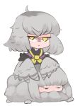  1girl :&lt; absurdres ahoge borrowed_character capelet commentary dual_persona fur-trimmed_capelet fur_trim glaring grey_feathers grey_hair grey_wings harpy highres looking_at_viewer medium_hair mono_(sifserf) monster_girl multicolored_hair nn_(eogks) original purple_capelet ribbon simple_background two-tone_hair white_background winged_arms wings yellow_eyes yellow_ribbon 